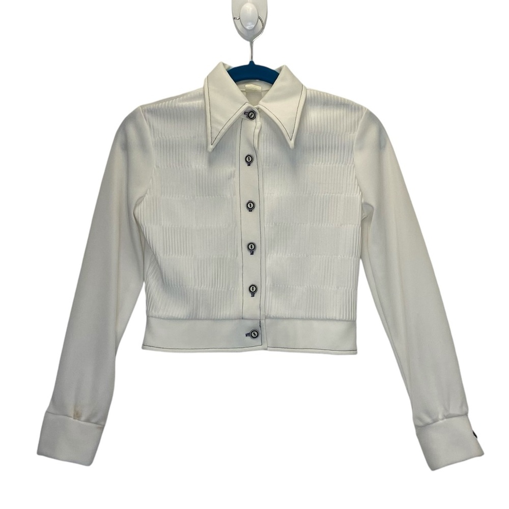 Vintage 60s/70s Pointed Collar Textured Long Sleeve Button Up Cropped Top